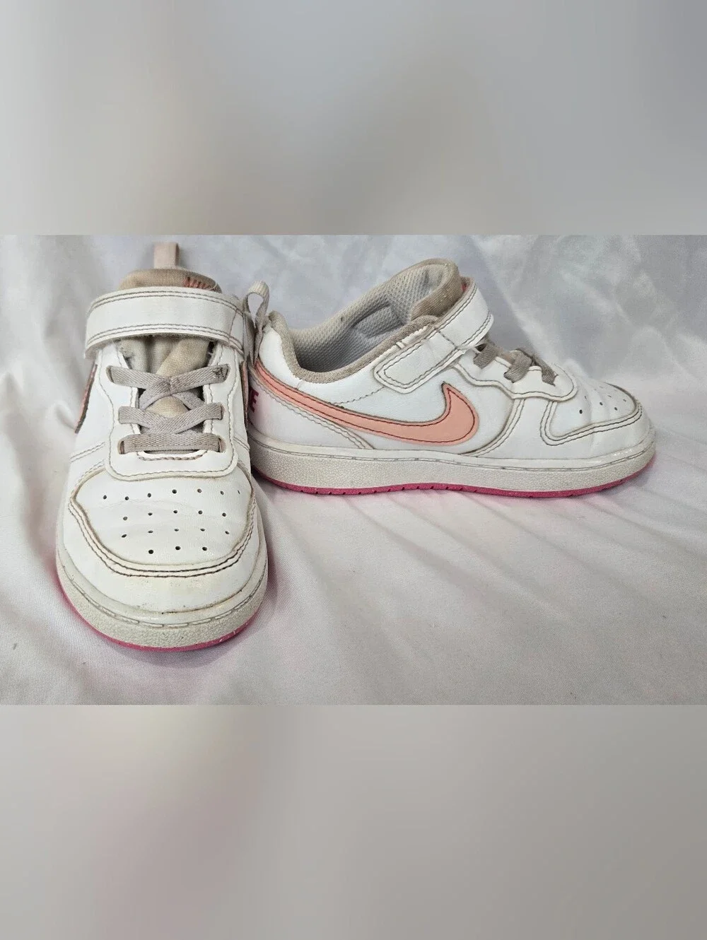 Nike Kids White Sneakers with Pink Swoosh and Pink Outsole